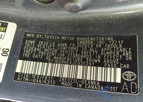 2018 Toyota Corolla Le from USA, damaged, VIN 2T1BURHE4JC035391